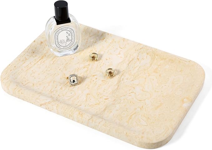 Koville Marble Tray, 12"x8" Marble Vanity Tray for Bathroom Kitchen Countertop, Rectangular Stone Tray for Cosmetics Perfume Trinket, Decorative Catchall Trays (Beige)