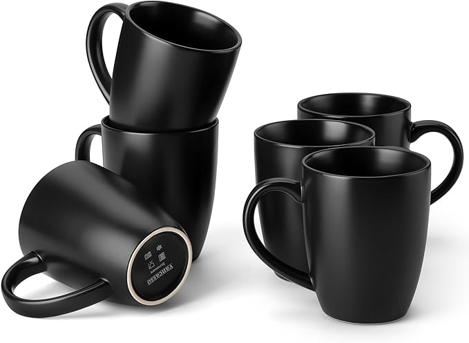 vancasso PLAYA Ceramic Coffee Mug Set of 6, 16 Oz Tea Cups with Handle for Latte, Tea, Cappuccino, Milk, Cocoa, Microwave&Dishwasher Safe, Black