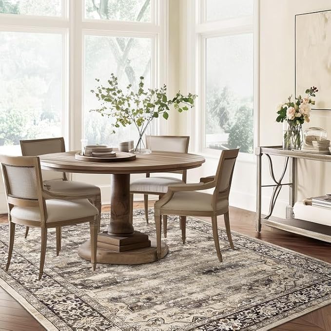 Gray Brown 5x7 Area Rugs for Living Room Washable Low Pile Soft Faux Fur Vintage Boho Carpet Rug Non Slip Sound Absorbing Geometric Floral Rug for Bedroom Office Patio Dining Room Kids Room,Hazel