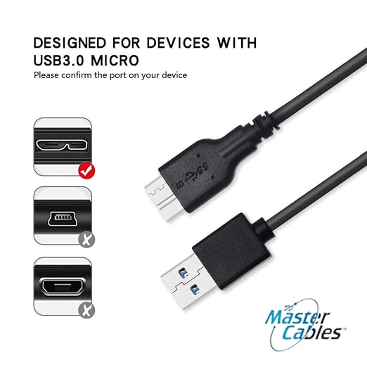 Master Cables USB 3.0 Data Transfer Cable Compatible with LaCie External Hard Drives – Replacement USB Type A to Micro USB B Lead for Fast File Transfer Backup &amp Sync – High Speed External HDD Ca