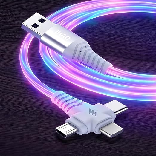 IHAO Multi Ports Light-Up USB Cable USBA to USBC/MicroUSB Cable Durable Fast Charging Cable with Visible Current Flow As Night Light Use-3in1 Blue