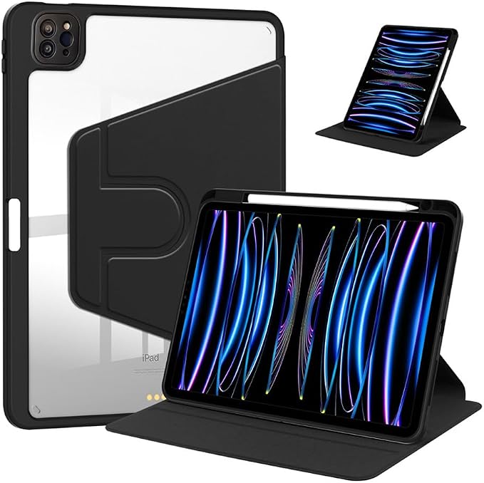 iPad Pro 11 Case 4th/3rd/2nd/1st Gen Balck | 360° Rotating Pencil Holder Compatible with 2022/2021/2020/2018 Clear Acrylic Back Auto Sleep/Wake