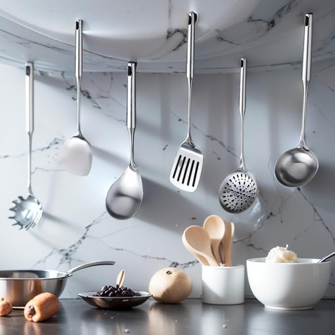 Houhil, 316 Stainless Steel Cooking Tool Set: saute pan spatula ladle, skimmer slotted, pasta, serving spoon, slotted spatula seasoner, dishwasher safe.