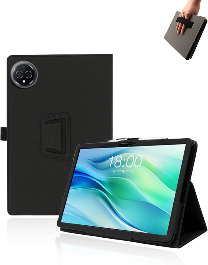 Case for FEONAL Android 14 Tablet 11 inch Tablets11 inch TabletUYRUREL Leather Slim Folding Stand Cover with Hand Strap Magnet for Men Women Full ProtectionBlack.