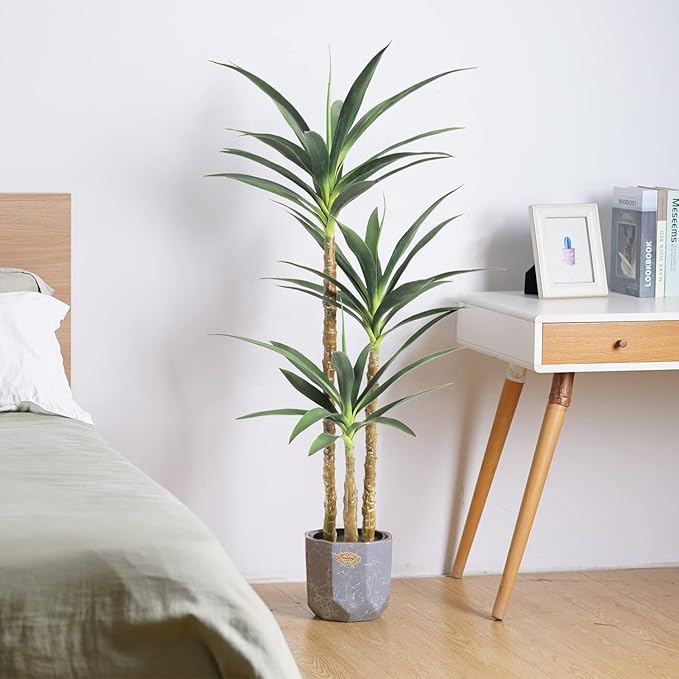 Artificial Tree 4.7Ft Faux Agave Plant with 3 Heads in Plastic Pot Fake Tree for Home Decor Indoor or Outdoor Office Decoration Housewarming Gift(4.7 Feet-1 Pack)