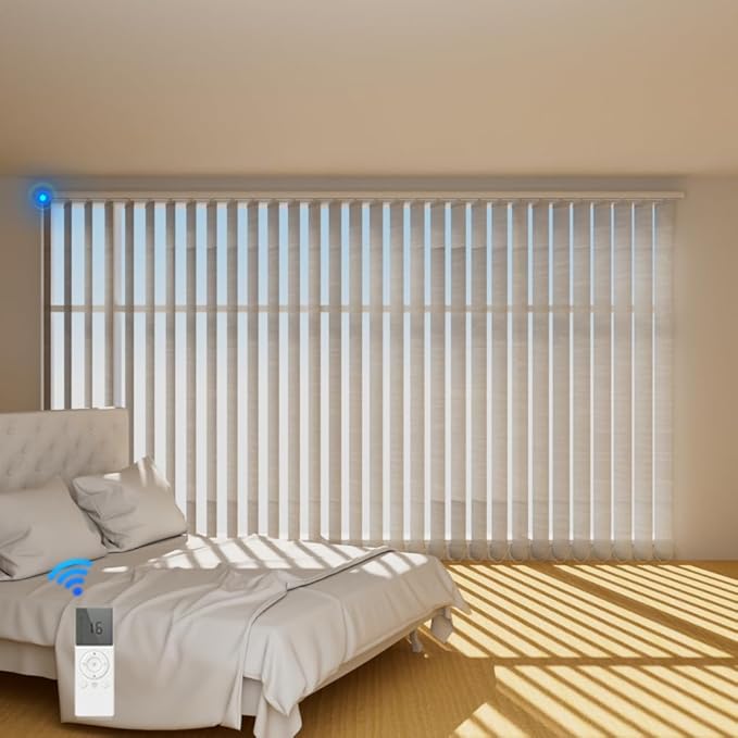 Blindify Motorized Vertical Blinds, Light Filtering Sliding Door Shades Vertical Shades Remote Control Customize, Jacquard Silver