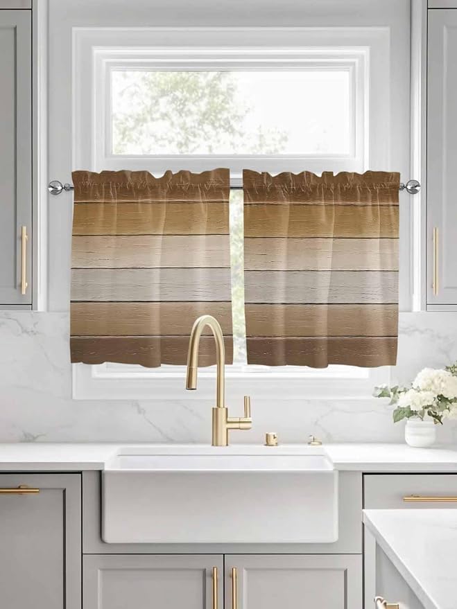 Vintage Brown Gradient Wood Grain Window Valance Curtains, Farmhouse Wood Barn