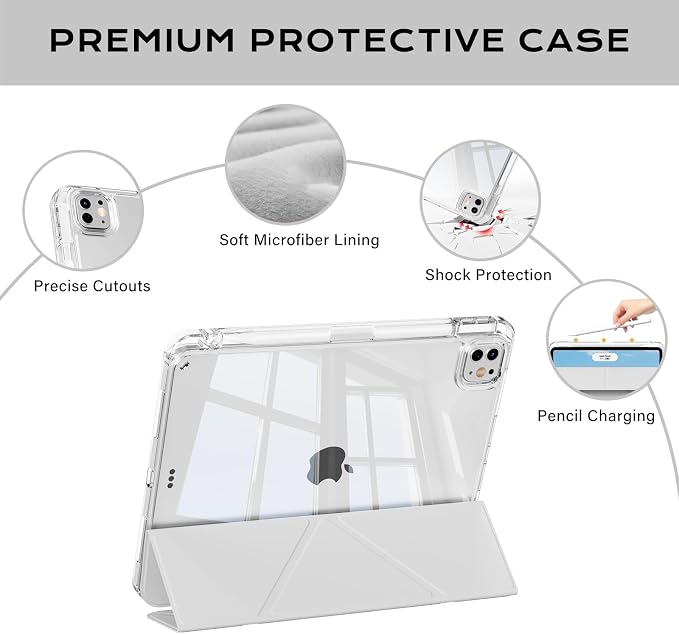 Clear Case for iPad Pro 12.9 inch 6th/5th/4th/3rd Gen with Y-fold &amp Trifold Stand Pencil Holder Support Pencil Charging [Auto Wake/Sleep] Lightweight Shockproof Hard PC Back Cover Black