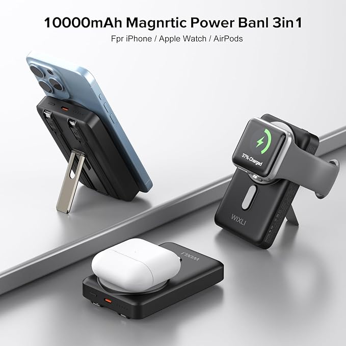Wireless Portable Charger, 3-in-1 Magnetic Power Bank 10000mAh with USB-C and iOS Cable and Stand, 22.5W Fast Charging Battery Pack, Compatible with iPhone 16/15/14/13/12/Pro/Mini/Pro Max
