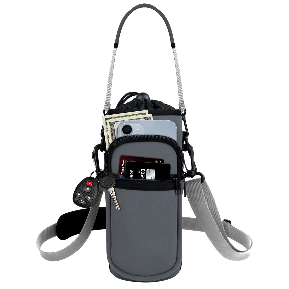 Crossbody Water Bottle Holder with Strap, Phone Pocket(Gray, 32, Ounces)