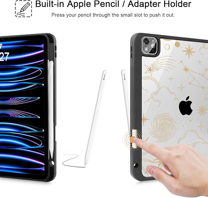Tuiklol for iPad Pro 11 Inch 4th / 3rd / 2nd / 1st Gen (2022 2021 2020 2018) Case -Built-in Pencil Holder Shockproof Cover Clear Transparent Back Shell with Auto Wake/Sleep Black Flower