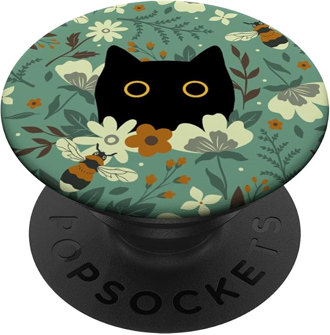 Black Cat Hiding in Garden Flowers with Bees Cute Floral PopSockets PopWallet for MagSafe