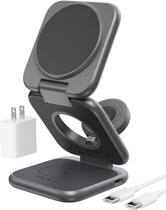 KU XIU Foldable 3 in 1 Magnetic Wireless Charging Station for Apple Devices | Aluminum Alloy Design Foldable Travel Charger Stand with 20W Adapter for iPhone 17-12 5W for Apple Watch &amp AirPods