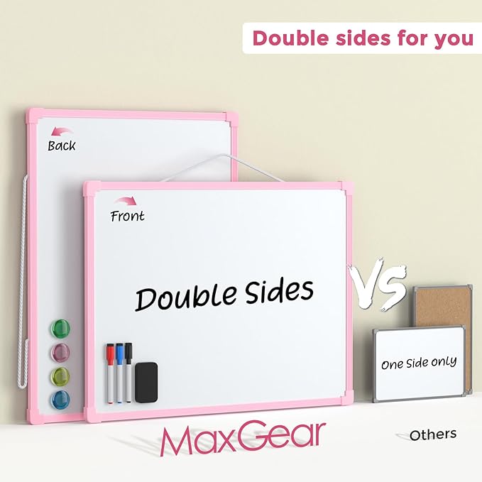 MaxGear Double-Sided Dry Erase Board for Wall, 16"x12" Hanging Whiteboard, Small Dry Erase White Board, Portable Whiteboard for Planning, Drawing, Memo, to Do List, Pink Frame