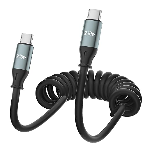240W Coiled USB-C to USB-C Cable CarPlay &amp Android Auto Car Data Cord | Black 6.2FT retractable cable 240W fast charge works with iPhone 15-17 Galaxy Pixel 8/9 for CarPlay &amp Android Auto