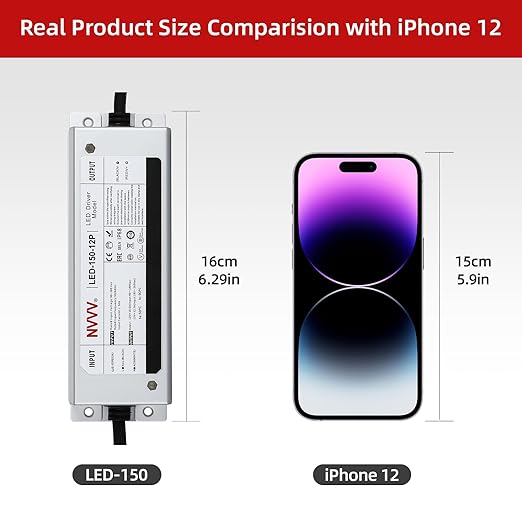 12 Volt LED Driver 150 Watts Waterproof IP68 Power Supply Low Voltage Transformer Adapter 90-265V AC to 12V DC 12.5A Converter for LED Strip, Indoor Outdoor Lighting Built-in Active PFC Function
