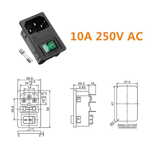 Ganasome 2 Sets IEC320 C14 Inlet Module Power Socket - AC 250V 10A, 4 Terminals, DPST Rocker Switch with Fuse Holder & Green Light, Panel Mount for Lab, Fitness & Industrial Equipment