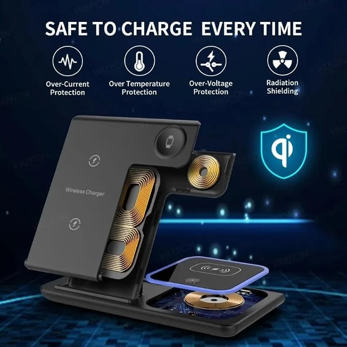 Desktop 3 in 1 Wireless Travel Charger Stand for iPhone 17 16 15 14 13 12 Pro Max iWatch S10~2 SE Ultra AirPods 4/3 Pro Foldable Fast Charging Dock (Black)