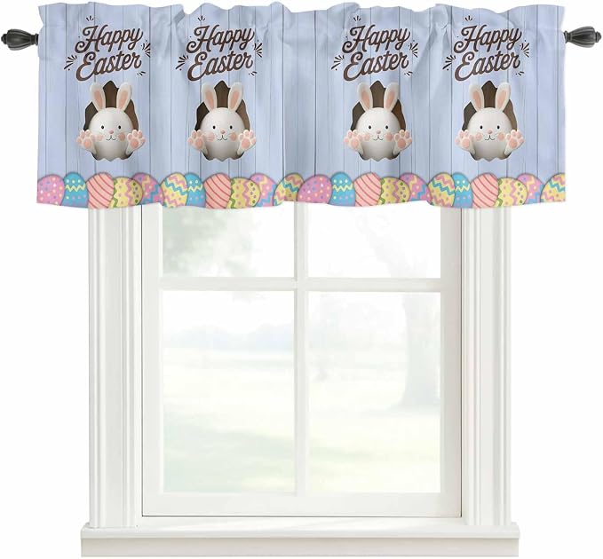 Blue Easter Curtain Valances for Windows, Kitchen Valance Window Treatment