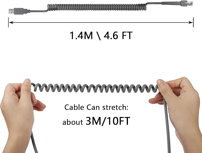 SinLoon Symbol Ls2208 USB to RJ45 Coiled Spiral Extension Cable10ftGrey | Compatible with Barcode Scanner Ls1203 Ls4208 Ls4278 Ds6707 Ds6708