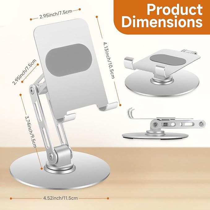 Adjustable Aluminum Phone Stand for Desk Phone Holder for iPhone &amp iPad | Weighted Metal Base for Stable Typing Adjustable Height &amp 360° Rotation for Comfortable Desk Use