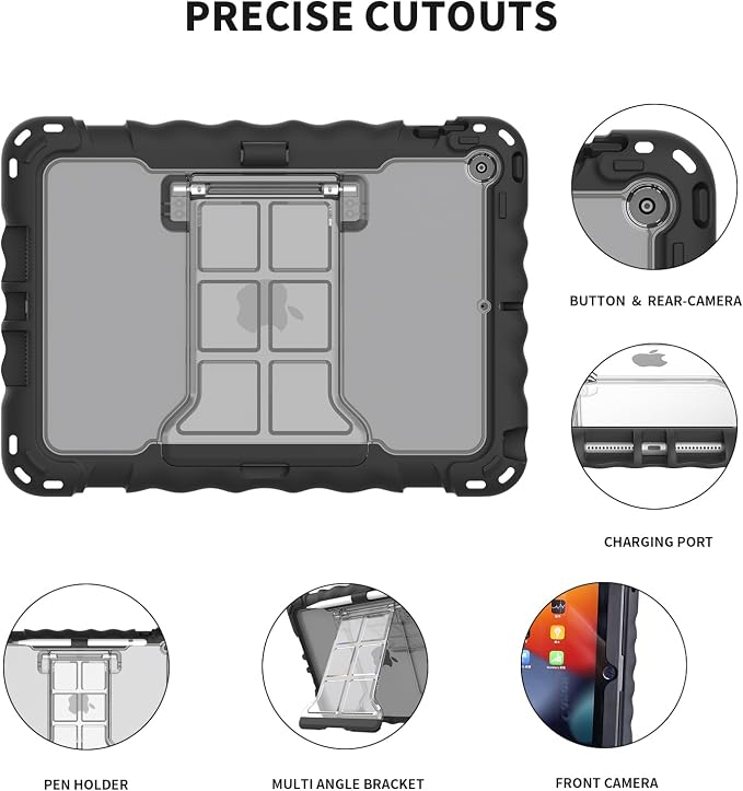 Kids Case for iPad 9th 8th &amp 7th Generation 10.2 Inch Heavy Duty Shockproof Protective Cover with Built-in Screen Protector Kickstand Pencil Holder Hand Strap &amp Shoulder Strap (Black)