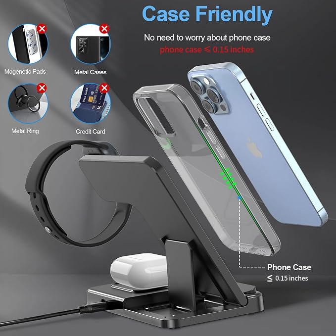 Wireless Charger 3 in 1 Fast Desk Charging Station for iPhone 16 15 14 13 12 Charging Stand Dock for Apple Watch &amp AirPods