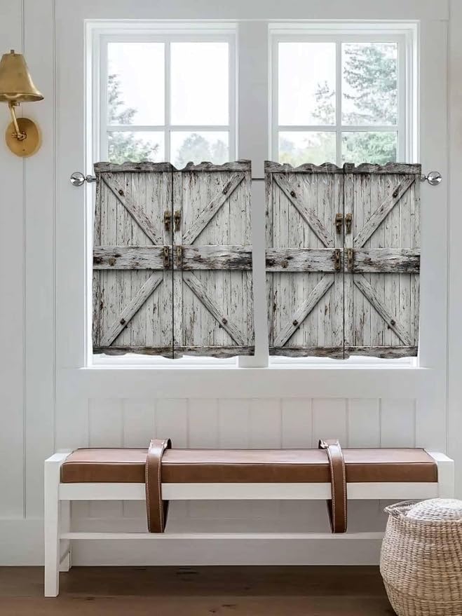 Vintage Gate Half Window Curtains 24 Inches Long, Farmhouse Wooden Grain Shabby