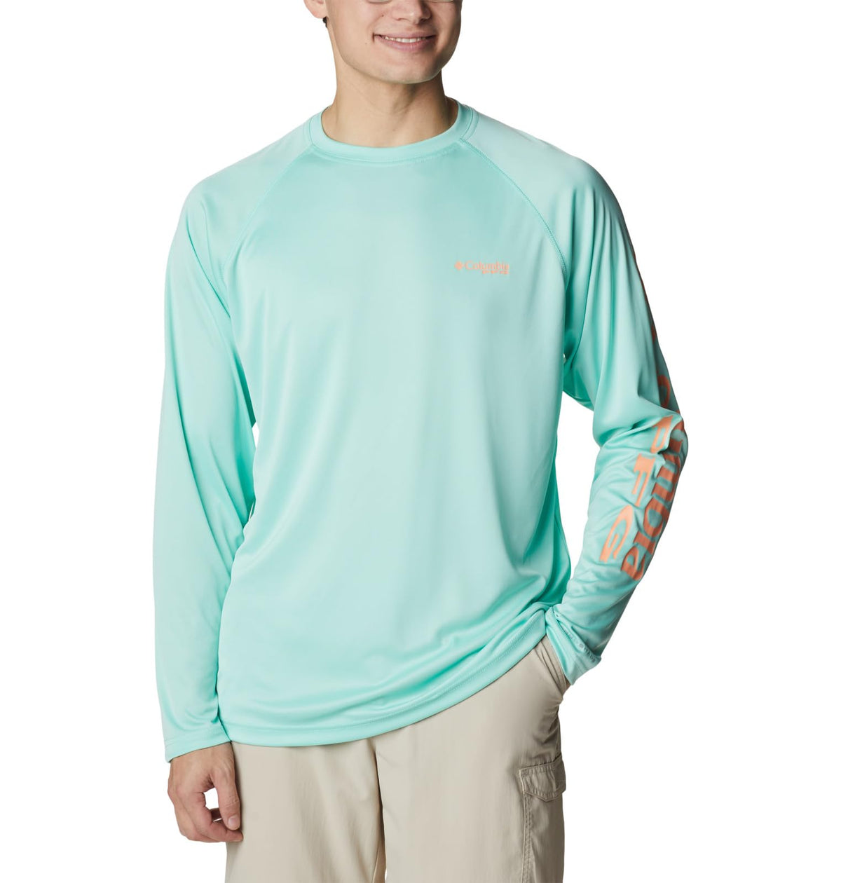 Columbia Men's Terminal Tackle Long Sleeve Shirt, Mint Cay/Bright Nectar Logo, 5X Tall