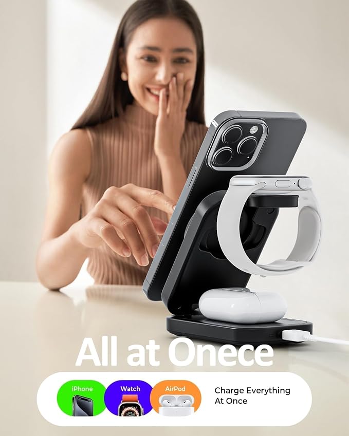 Wireless Cell Phone Charger Station 3 in 1 Magnetic Wireless Fast Charger Dock Stand for iPhone Apple Watch AirPods Pro 15W USB-C iPhone Charger Black（20W Adapter）