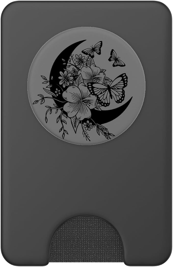 Mid Grey Gray Black Butterfly Crescent Moon Flower PopSockets Adhesive PopGrip