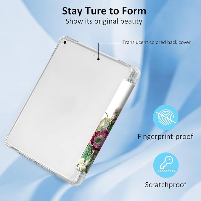 Lokigo for iPad 9th/ 8th/ 7th Generation Case 10.2 Inch (2021/2020/2019 Release) iPad Air 10.5 (3rd Generation) 2019 /Pro 10.5 2017 Case with Translucent Hard Shell Back -Flowers