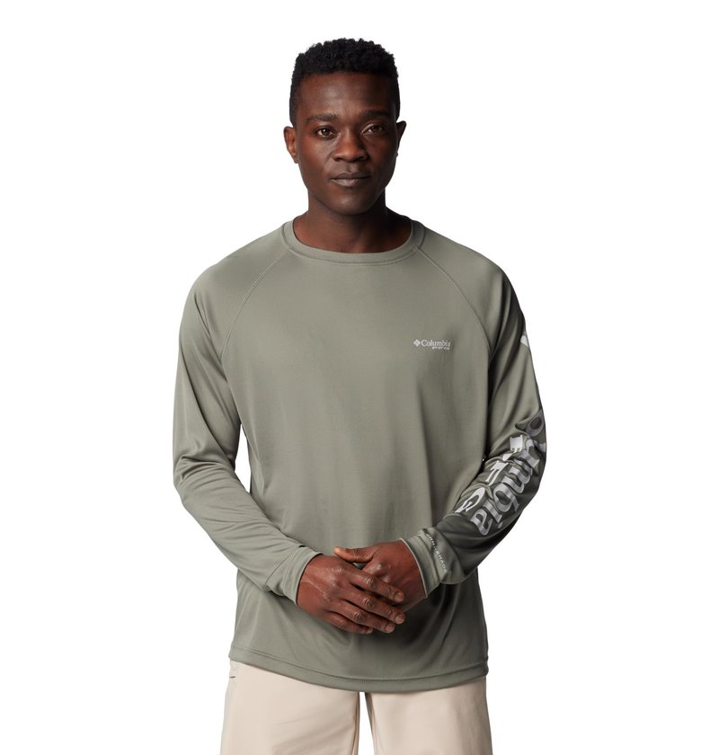 Columbia Men's PFG Terminal Tackle Long Sleeve Fishing Shirt, Cypress/Cool Grey Logo, 3X Tall