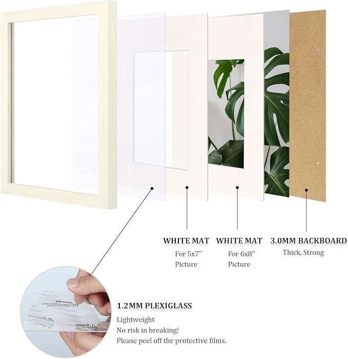 Egofine A4 Picture Frame Made of Solid Wood with Plexiglass, Display Pictures 4x6/6x8 with Mat or A4 Without Mat for Tabletop and Wall Mounting, Beige