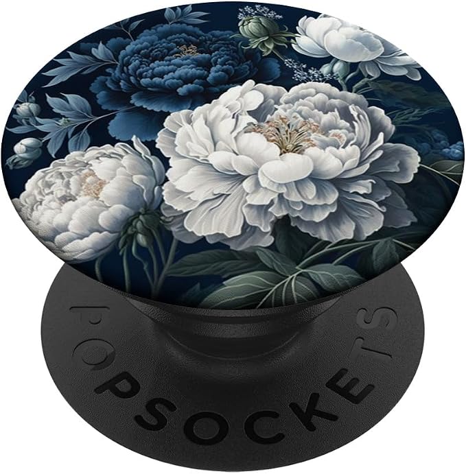 Navy Blue Peonies Blossom Leaves White Flowers Floral Girly PopSockets Adhesive PopGrip