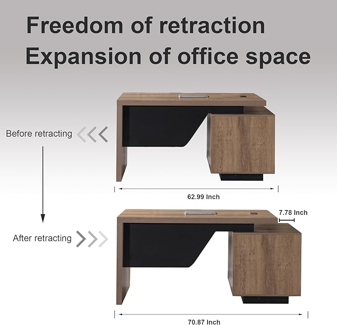 Modern Executive Desk, Rectangle Office Desk with Storage Cabinet, Width Adjustable Desks for Home Office, Business Desk Stand Under Table Storage Organizer, Wood