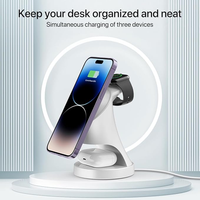 3 in 1 Wireless Charging Station for Apple Devices,Magsafe Charger Stand for IPhone16 15 14 13 12 Pro/Max/Plus/Mini Wireless Charger Station for AirPods 2/3/Pro iWatch Ultra/8/7/SE/6/5/4/3/2 (White)