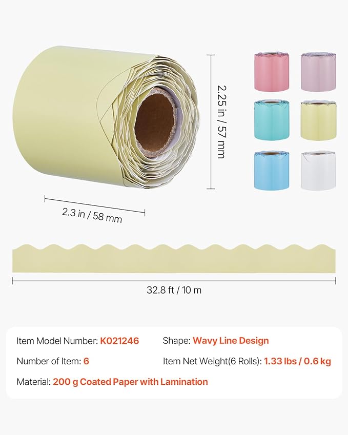 VEVOR Bulletin Board Borders, 6 Rolls 32.8 Feet Scalloped Bulletin Board Borders, Boho Rolled Border Trim with Wavy Line Design, Colorful Pastel Borders for School Classroom Party & Wall Decoration