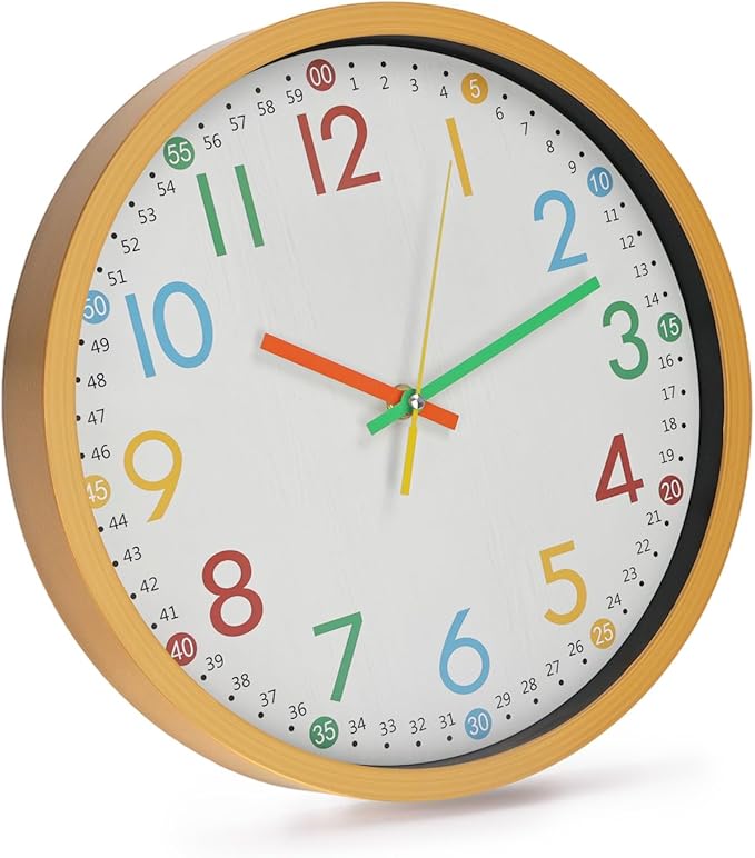 bakbrand Kids Wall Clock Silent Non-Ticking Colorful Childrens Clock Round Decorative Wall Clocks for Classroom, School, Office, Bedroom, Living Room, Kitchen (Birch, 12 inch)