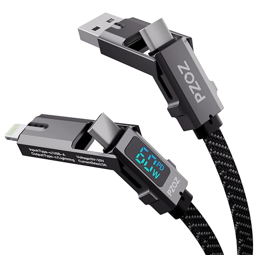 pzoz 4-in-1 Multi Charging Cable with LED Display One Cable for USB-C &amp Lightning Devices 60W Fast Charging Cord USB A/C to USB C/Lightning for iPhone 17/16/15 iPad MacBook Samsung(5 ft)