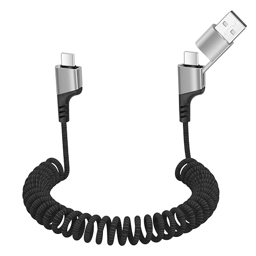 YACSEJAO Coiled USB C Charging Cable with USB A Adapter 2-in-1 Spring Coiled Phone Charger Cord 480Mbps Data Transfer Compatible Tablets Laptops Power Banks and More (Right Angle)