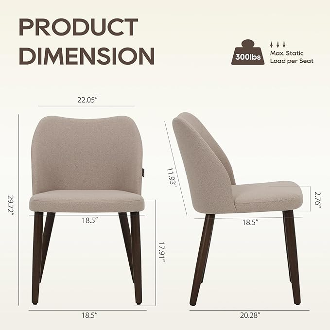 Wooden Dining Chairs Set of 2, Upholstered Kitchen Dining Room Chair, Modern Fabric Farmhouse Dinner Chair for Restaurant & Cafe, Camel