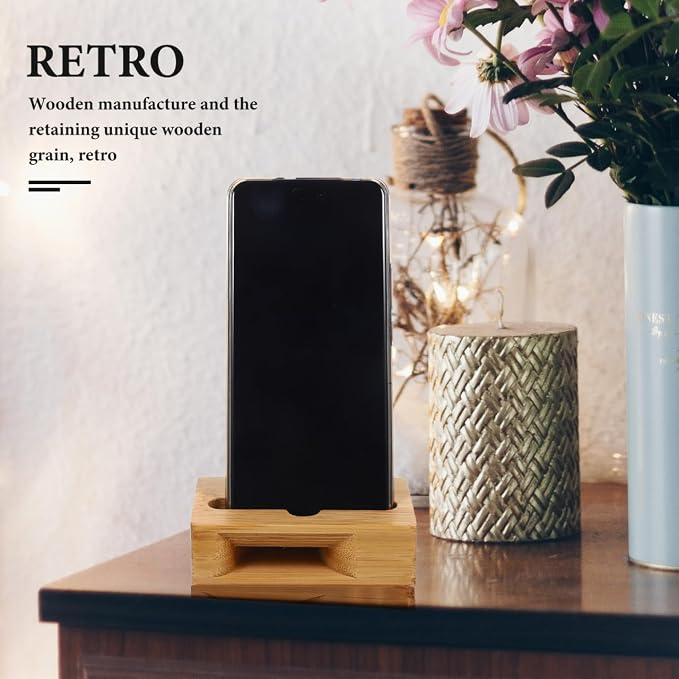 Bamboo Wood Phone Stand with Sound Amplifier Universal Mobile Phone Desktop Holder for Watching Videos and Calls Compact 3.9X2.4X1.2 Inches
