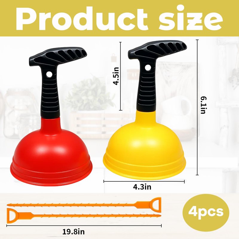 4 Pack Sink Plunger Set, Kitchen Sink Plunger and Bathroom Drain Unclogging Tools, Includes 2 Standard Plungers and 2 Drain Cleaners, Red and Yellow