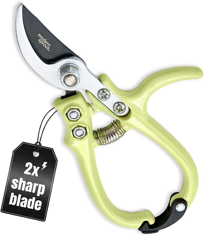 Modern Sprout Hand Pruners - Lightweight Pruning Shears W/Easy Lock- Gardening Scissors - Bypass Sharp Carbon Steel Blade - Rust Resistant - Garden Tools - Reusable Holster - Chartreuse
