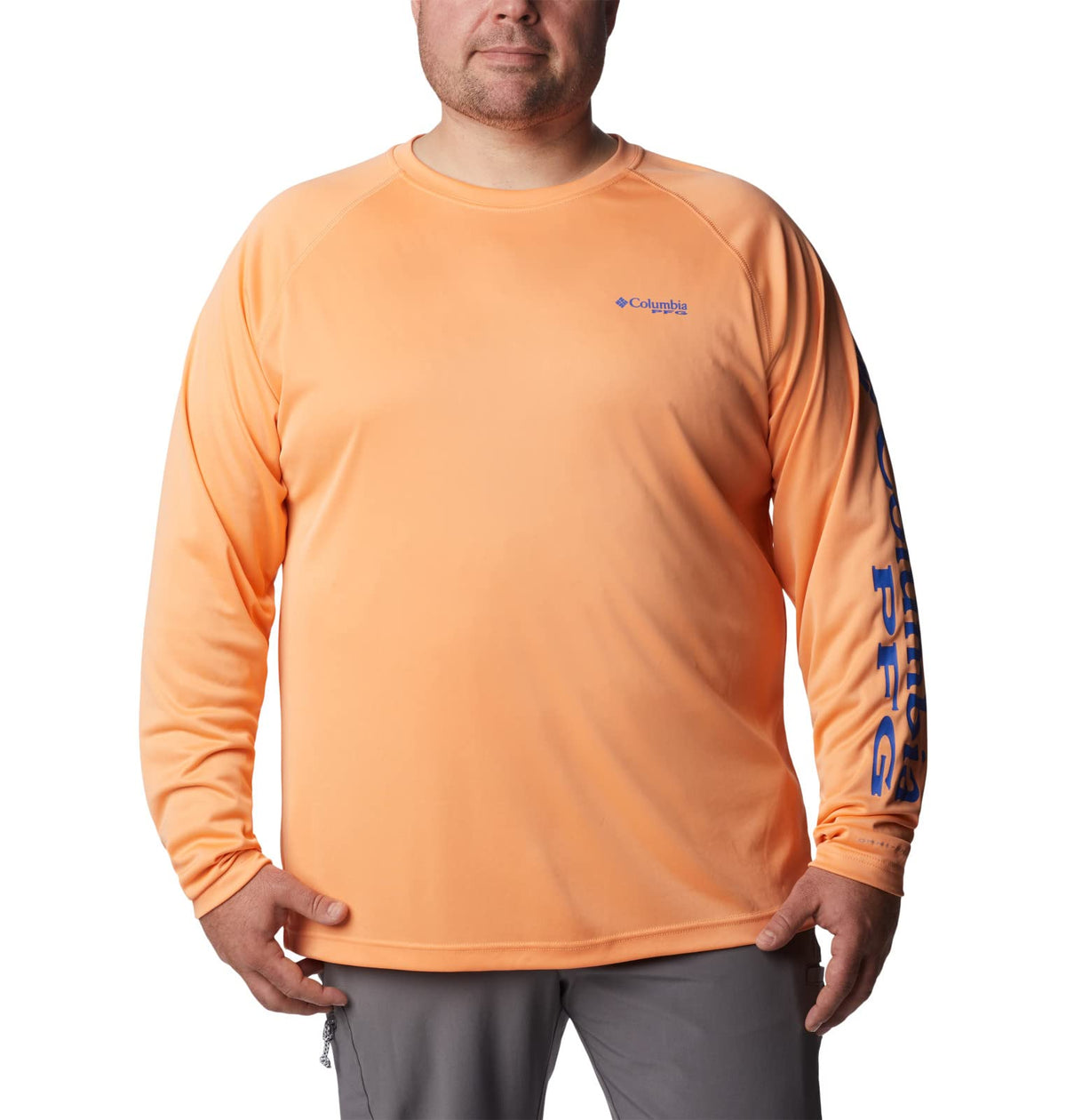 Columbia Men's PFG Terminal Tackle Long Sleeve Fishing Shirt, Bright Nectar/Vivid Blue Logo, X-Small