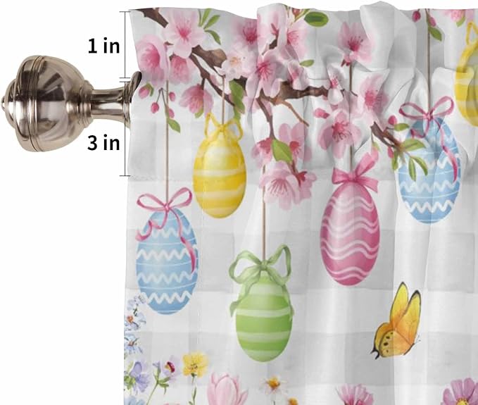 Happy Easter Tier Curtains 45 Inches Long, Spring Watercolor Bunny Eggs Flower