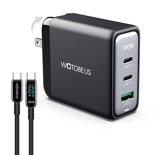 WOTOBEUS USB C GaN Wall Charger Block with ETL, Type-C Laptops Power Adapter PD3.0 100W 65W 20W, Cable with Power Display, for iPhone 17/16/15 Galaxy Pixel Motorola MacBook & Laptops