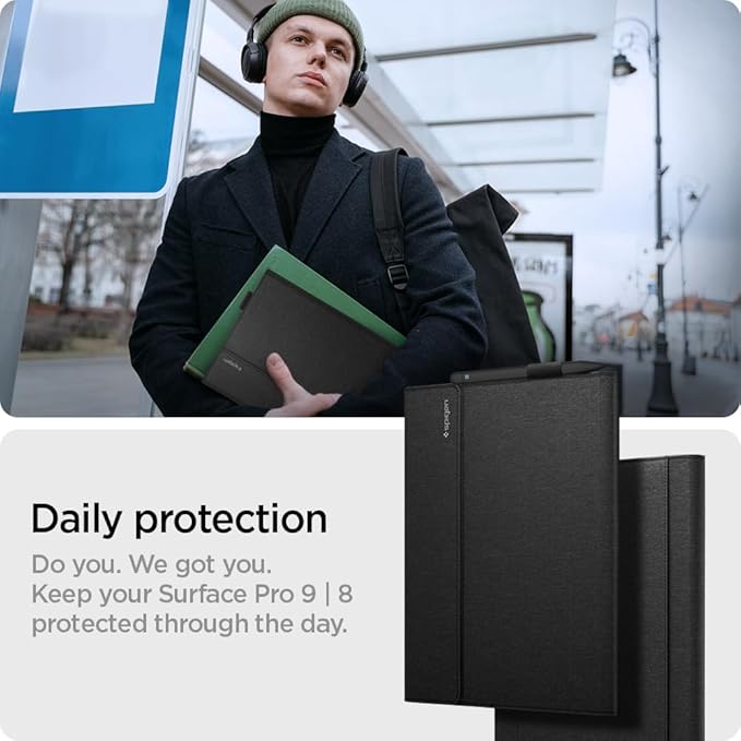 Spigen for Microsoft Surface Pro 11/10/9 Stand Folio Designed for Case Cover with Pen Holder Compatible with Type Cover Keyboard - Black