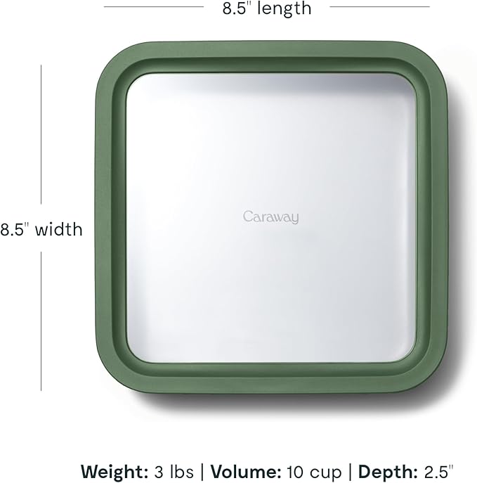 Caraway Glass Food Storage, 10 Cup Glass Container,Ceramic Coated Food Container,Easy to Store, Non Toxic, Non Stick Lunch Box Container with Glass Lids. Dishwasher, Oven,Square Shape,Sage